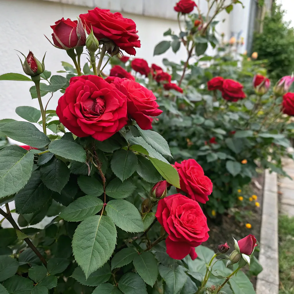Blooming rose bush with green leaves